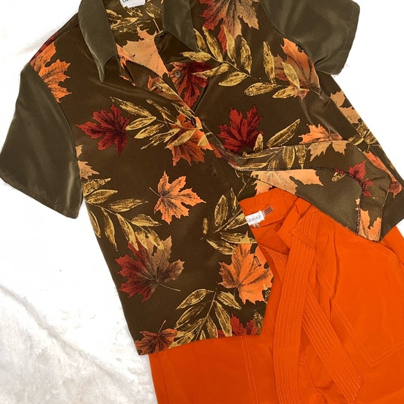 Liz Baker Brown and Orange Leaf Print Button Down Shirt - Picture 1 of 5